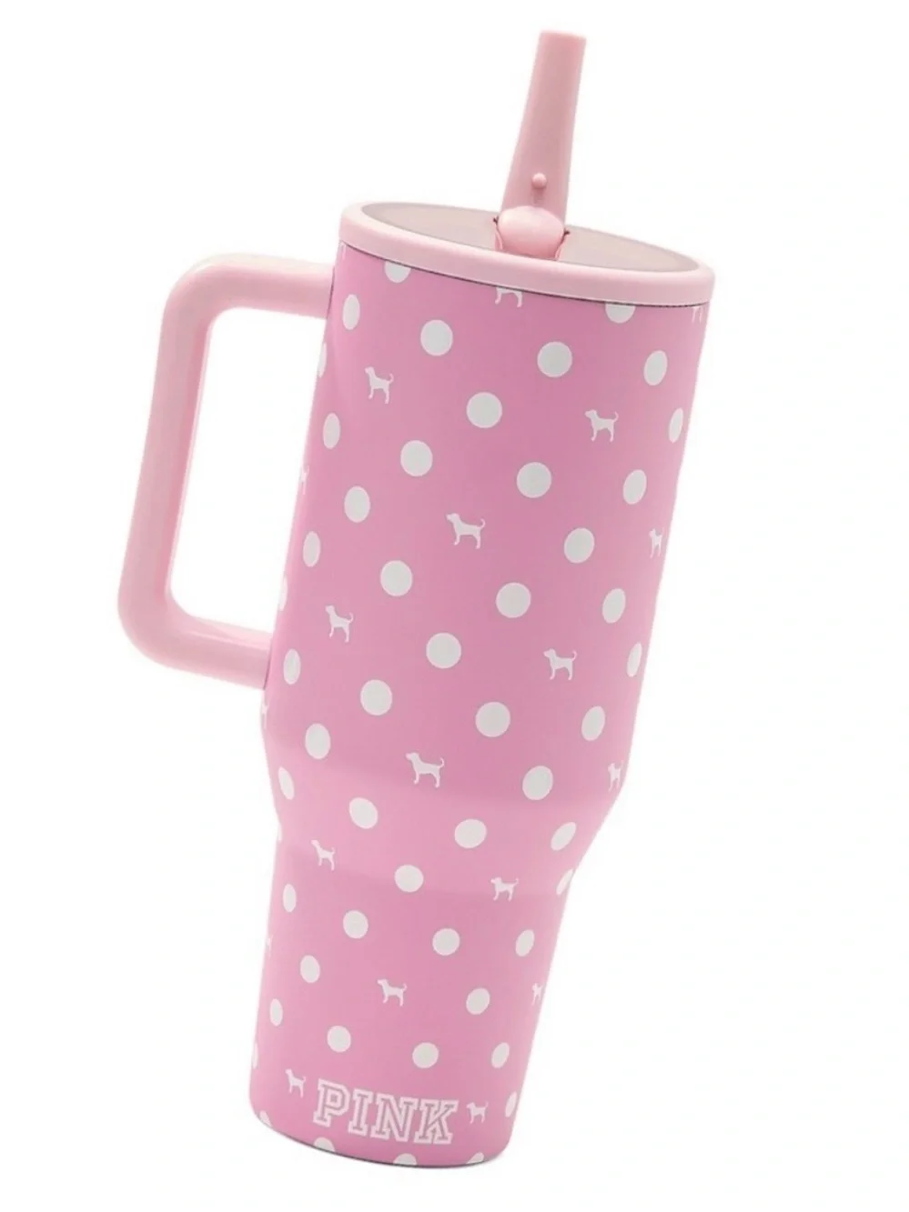 PINK Victoria's Secret Pink Polka Dot Travel Tumbler with Handle and Straw